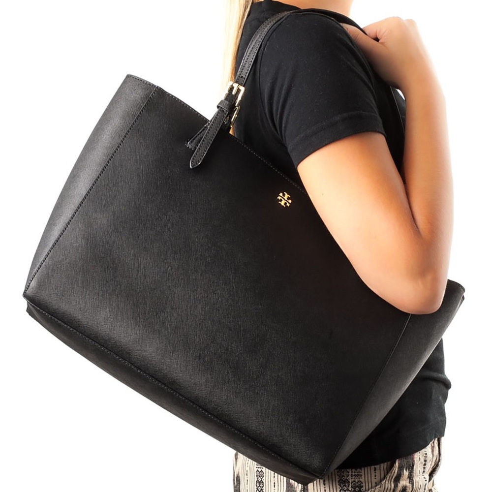 Tory Burch Buckle Black Leather Tote